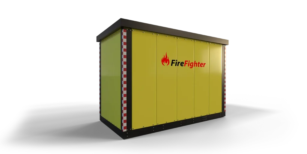 Et gult brannslukningsapparat med ordet brannmann på, og sørger for sikkerhet på stedet.