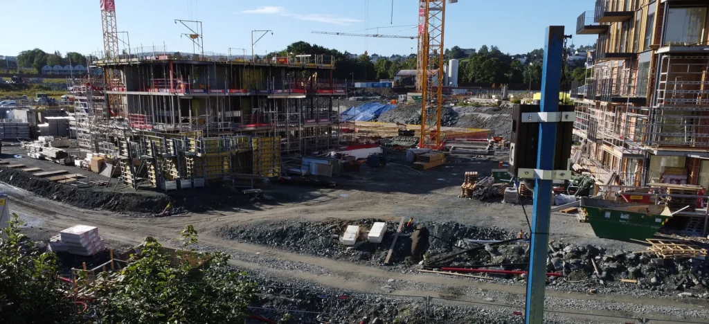 Et luftfoto av en byggeplass utført av Veidekke Entreprenør Avd. Trøndelag.