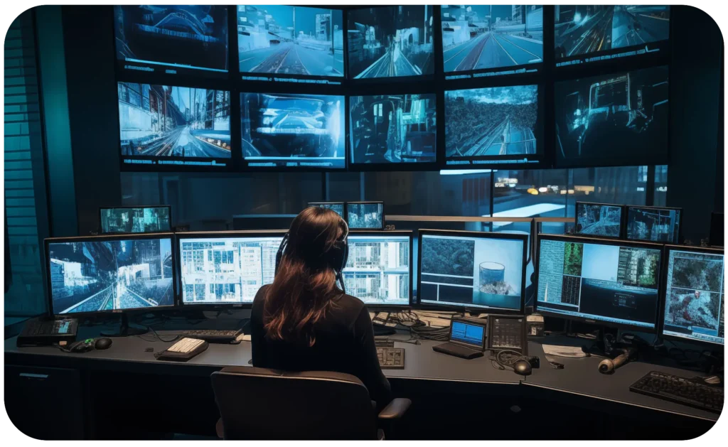 En sikkerhetskvinne på stedet i et kontrollrom med mange monitorer.