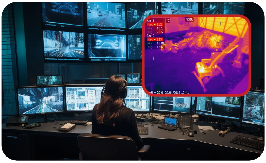 En kvinne sitter ved en dataskjerm og analyserer data fra et termisk bilde i en Brann-beredskapskontainer.
